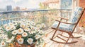 Watercolor Painting Of Balcony With Rocking Chair And Flowers