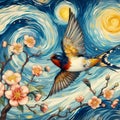 A watercolor painting of an barn swallow, with flower, in Van Gogh style, ancient chinese art, animal, beautiful