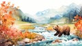 Watercolor Painting Of A Bear Crossing The River