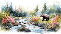 Watercolor Painting Of Bear By River In 2d Game Art Style