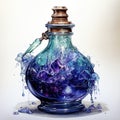 Watercolor painting of beautiful bottles with magical potion. Generative AI