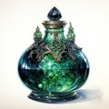 Watercolor painting of beautiful bottles with magical potion. Generative AI