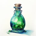 Watercolor painting of beautiful bottles with magical potion. Generative AI