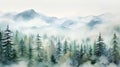 watercolor painting of beautiful foggy forest in the mountains Royalty Free Stock Photo