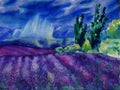 Watercolor painting with beautiful landscape. Typical lavender fields in rainy day.