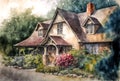 Beautiful old house in the garden. Countryside landscape, spring season, printable art Royalty Free Stock Photo