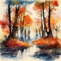 Watercolor painting of Beautiful surreal alternate color fantasy Autumn Fall forest landscape conceptual image. Royalty Free Stock Photo