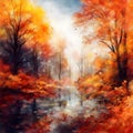 Watercolor painting of Beautiful surreal alternate color fantasy Autumn Fall forest landscape conceptual image. Royalty Free Stock Photo