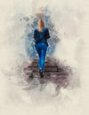 Watercolor painting. Beautiful young blond lady in tight blue jeans and a black leather jacket rises the granite steps Royalty Free Stock Photo