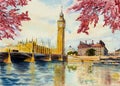 Watercolor painting Big Ben Clock Tower and thames river