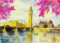 Watercolor painting Big Ben Clock Tower and thames river