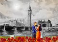 Watercolor painting Big Ben Clock Tower and thames river