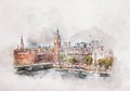 Watercolor painting of Big Ben, Westminster Palace in London, the UK Royalty Free Stock Photo