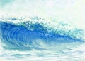 Watercolor painting big sea wave of storm. Royalty Free Stock Photo