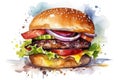 watercolor painting of big tasty burger with meat and vegetables in bright colors Royalty Free Stock Photo