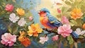 Watercolor painting of a bird sitting on a branch of a blossoming tree