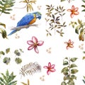 Watercolor painting with birds and flowers, seamless pattern Royalty Free Stock Photo