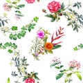 Watercolor painting with birds and flowers, seamless pattern Royalty Free Stock Photo