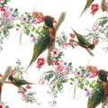 Watercolor painting with birds and flowers, seamless Royalty Free Stock Photo