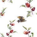 Watercolor painting with birds and flowers, seamless Royalty Free Stock Photo