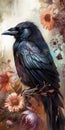 Watercolor painting of a black crow sitting on a branch with flowers. Digital vertical painting, close-up portrait, generative ai