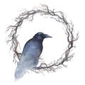 Watercolor raven on a wreath of bare branches