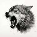 Watercolor painting in black and white of angry roaring wolf head with sharp teeth on white background.