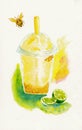 Watercolor painting of Blended lime with honey jelly with lime and honey bee