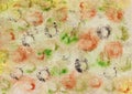 Watercolor painting with blotches and prints in red, yellow, green, ocher and black Royalty Free Stock Photo