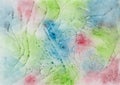 Watercolor painting with blots, splashes and stripes in red, blue and green