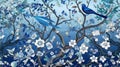 Watercolor painting of a blue bird sitting on a branch of a blossoming tree. AI Generated