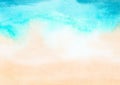 Watercolor painting blue ocean wave on sandy beach background. Abstract blue sea and beach summer background for banner, invitati Royalty Free Stock Photo