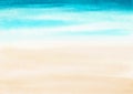 Watercolor painting blue ocean wave on sandy beach background. Abstract blue sea and beach summer background for banner, invitati Royalty Free Stock Photo