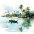 Moody Watercolor Illustration Of Tranquil Lagoon With Boat And Palm Trees Royalty Free Stock Photo