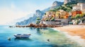 Italian Coast Watercolor Illustration: Painterly Realism And Playful Landscapes