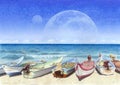 Watercolor painting of boats on the beach in unreal world