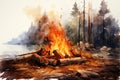 Watercolor painting of a bonfire on the shore of a lake AI Generated Generative AI