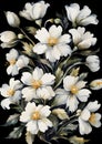 Watercolor painting of a bouquet of white flowers on a black background