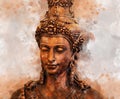 Watercolor painting of a buddha statue, sign for peace and wisdom