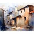 Watercolor Painting Of Buildings Along A River: Uhd Image Inspired By Thomas Schaller