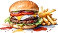 Watercolor painting of a delicious-looking Burger and fries. Ai-generated.