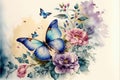 Watercolor painting of butterfly and flower garden isolated background
