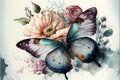 Watercolor painting of butterfly and flower garden isolated background