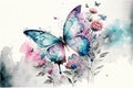 Watercolor painting of butterfly and flower garden isolated background