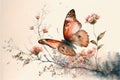 Watercolor painting of butterfly and flower garden isolated background