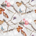 Watercolor painting butterfly and flowers, seamless pattern on white background Royalty Free Stock Photo