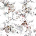 Watercolor painting of Butterfly and flowers, seamless pattern on white Royalty Free Stock Photo