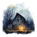 A Watercolor Painting of a Cabin in the Woods with a Fire in the Window Royalty Free Stock Photo