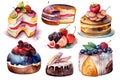 a watercolor painting of cakes and desserts on a white background with berries, raspberries, blueberries, raspberries, and more