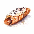Watercolor Painting Of Cannoli With Chocolate Glaze